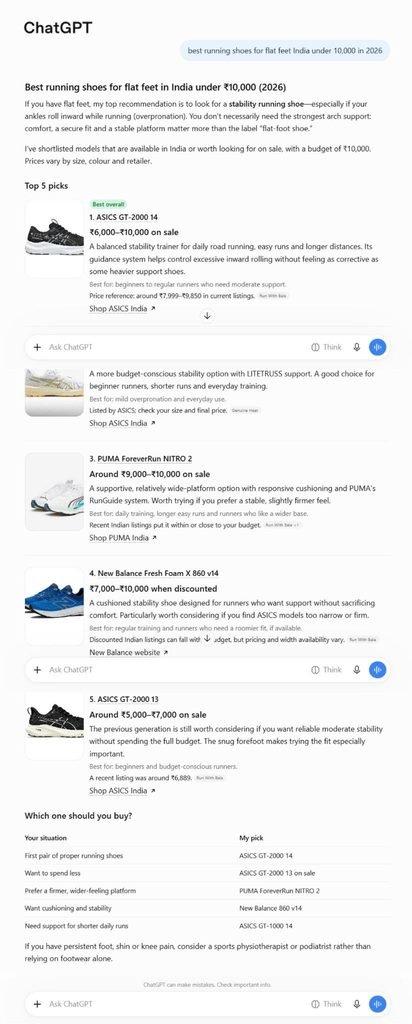Screenshot of ChatGPT recommending the top five running shoes for flat feet in India under ₹10,000 in 2026, with prices, features, product links, and a comparison table to help users choose.